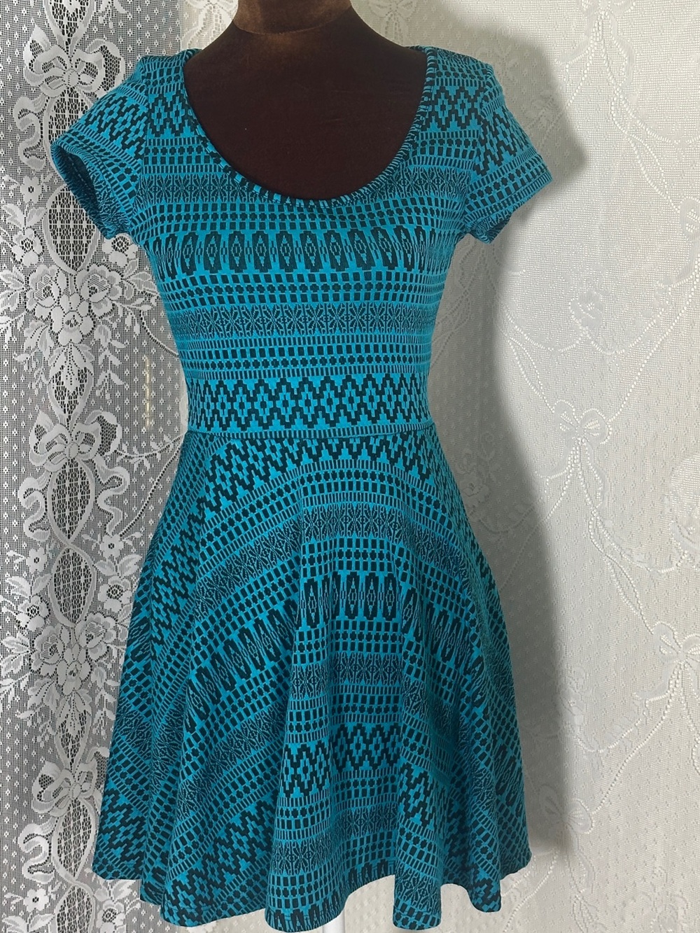 Teal Patterned Scoop-Neck Fit & Flare Dress